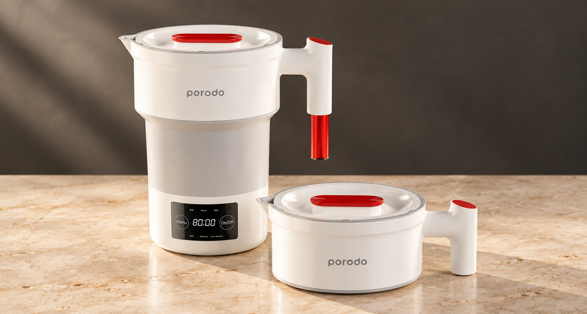 GREY Studio editorial | Porodo Lifestyle Portable Folding Electric Kettle - White | PDKTLD850WWH