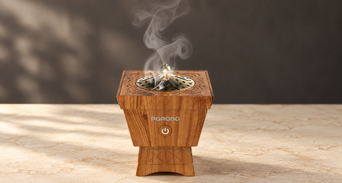 GREY Studio editorial | Porodo Lifestyle Classic Wood-Finish Portable Incense Burner - Brown | PDLFSTB10BR