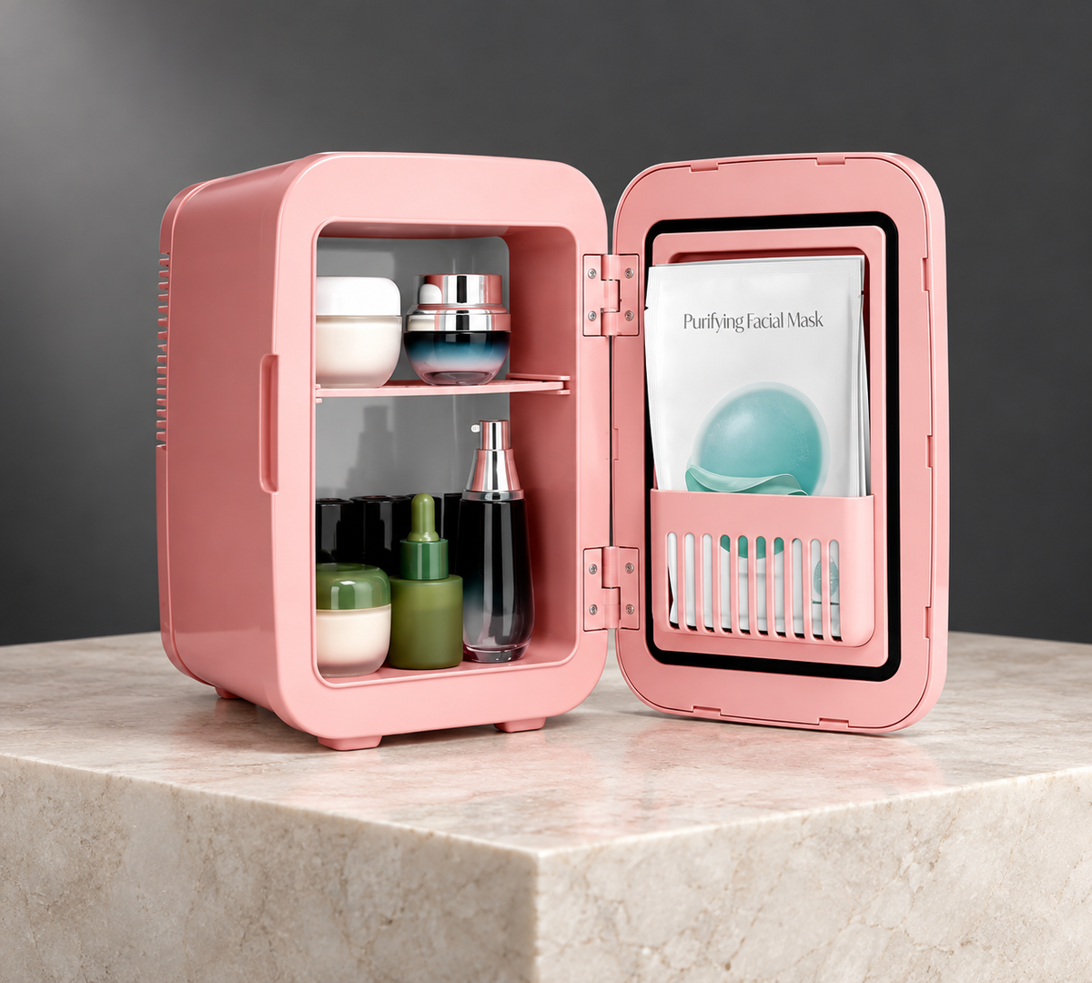 GREY Studio editorial | Porodo Frostlite Cooling Mini Makeup Fridge with LED Mirror - Pink | PDLFSTC4PK