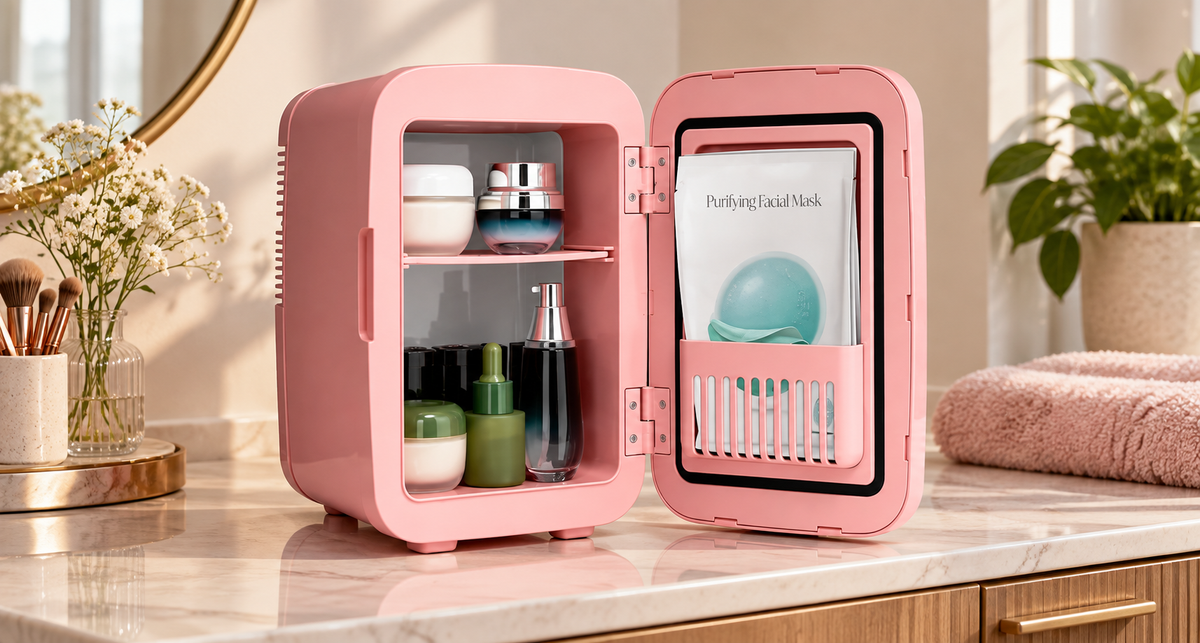GREY Studio lifestyle | Porodo Frostlite Cooling Mini Makeup Fridge with LED Mirror - Pink | PDLFSTC4PK