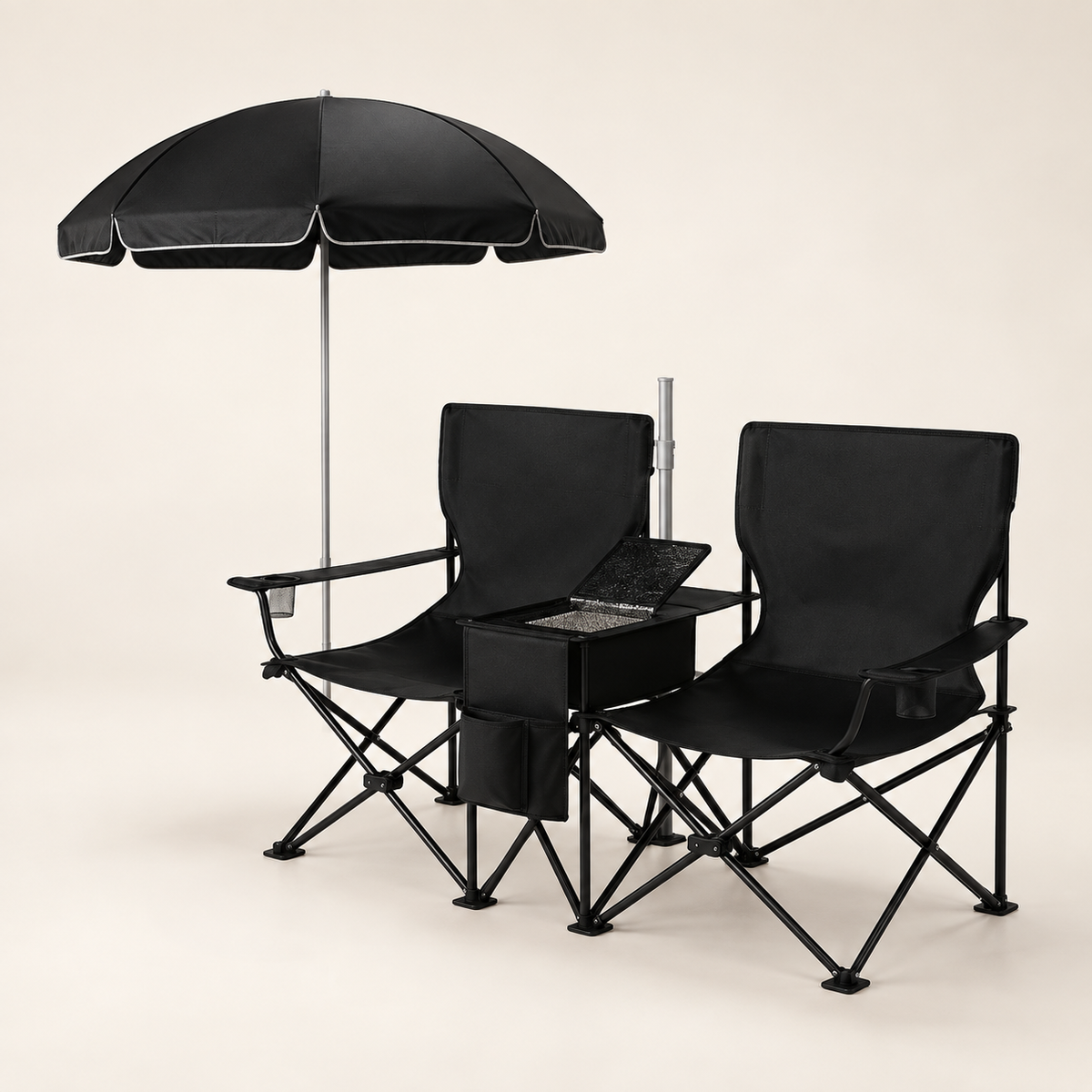 GREY Studio catalog | Porodo Lifestyle Campshade Camping Dual Chair with Umbrella & Cup Holder - Black | PDLFSTCH21BK