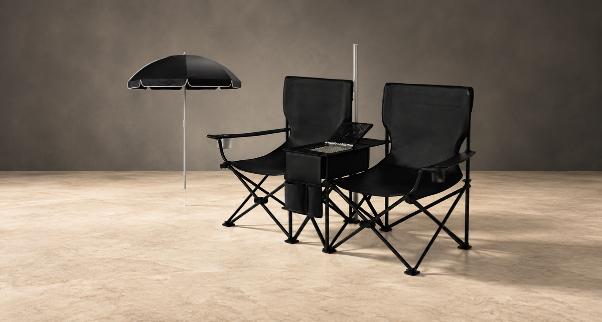 GREY Studio editorial | Porodo Lifestyle Campshade Camping Dual Chair with Umbrella & Cup Holder - Black | PDLFSTCH21BK
