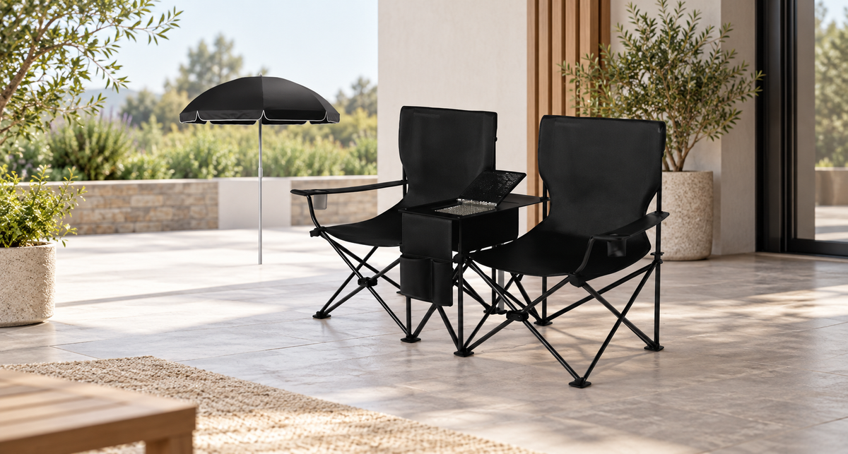 GREY Studio lifestyle | Porodo Lifestyle Campshade Camping Dual Chair with Umbrella & Cup Holder - Black | PDLFSTCH21BK
