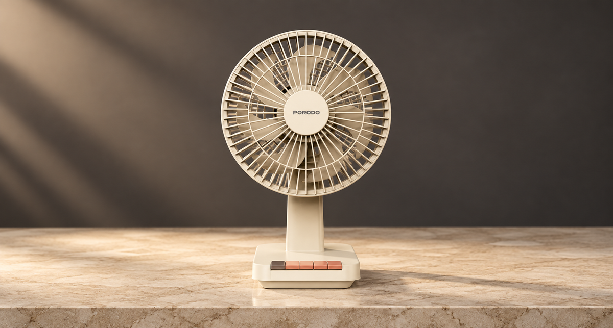 GREY Studio editorial | Porodo Lifestyle Chillo Portable Desk Fan with Oscillating Function & Indicator Lights - Beige | PDLFSTDF1BG