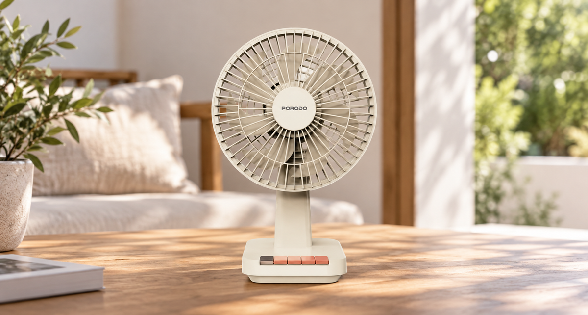 GREY Studio lifestyle | Porodo Lifestyle Chillo Portable Desk Fan with Oscillating Function & Indicator Lights - Beige | PDLFSTDF1BG