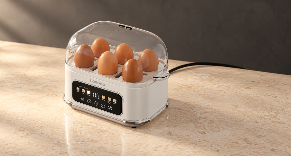 GREY Studio editorial | Porodo Lifestyle Poacher Smart Electric Egg Boiler with Program Selector - White | PDLFSTEB808WH