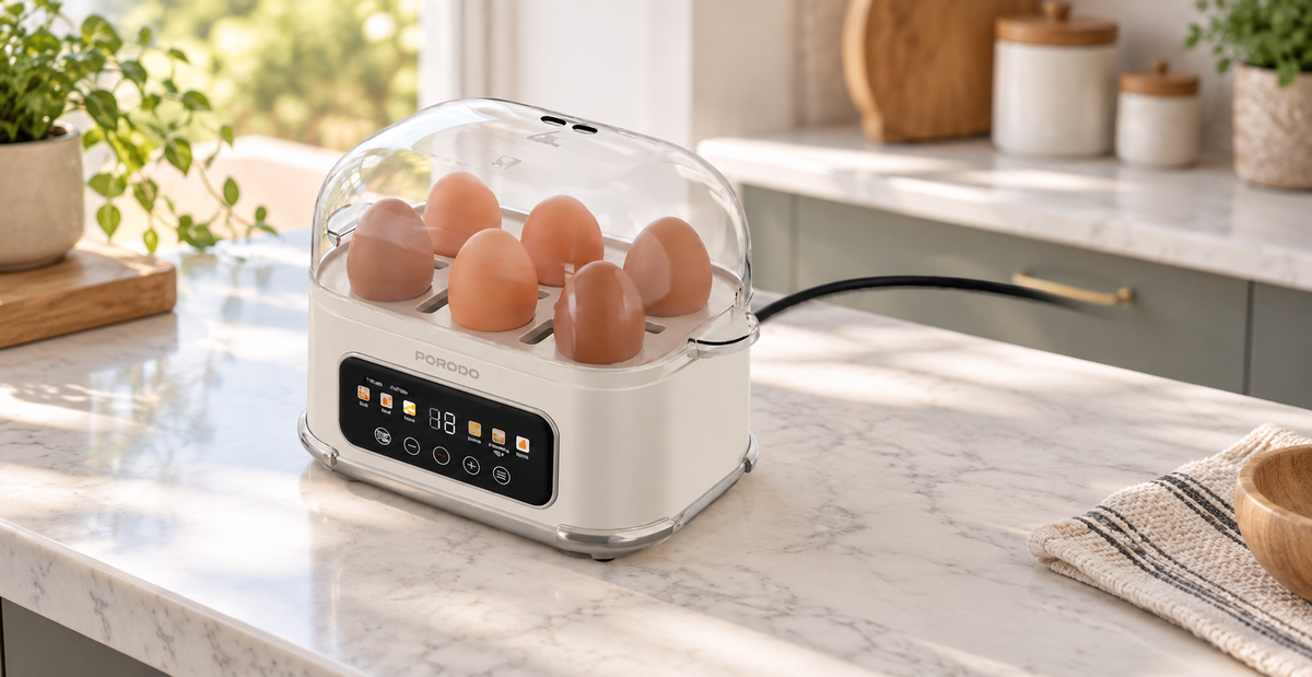GREY Studio lifestyle | Porodo Lifestyle Poacher Smart Electric Egg Boiler with Program Selector - White | PDLFSTEB808WH