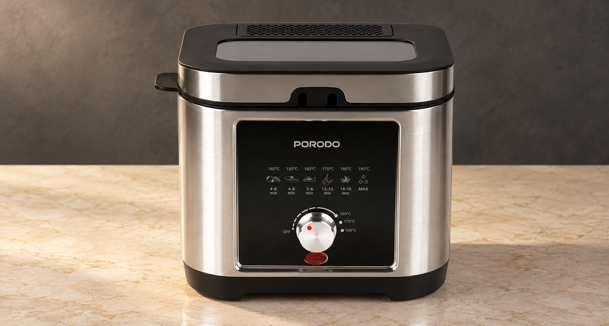 GREY Studio editorial | Porodo Lifestyle Stainless Steel 2.5L Deep Fryer with Adjustable Temperature & Non-Stick Tray - Silver | PDLFSTED02FSL