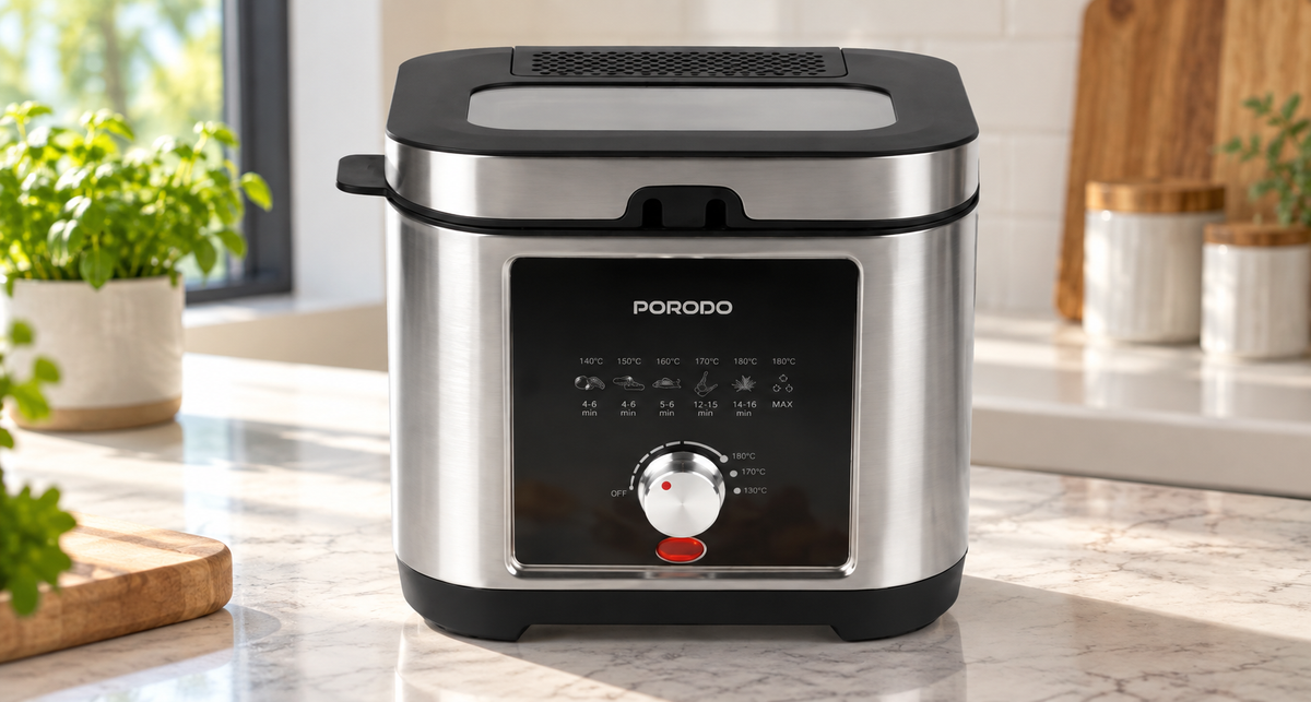 GREY Studio lifestyle | Porodo Lifestyle Stainless Steel 2.5L Deep Fryer with Adjustable Temperature & Non-Stick Tray - Silver | PDLFSTED02FSL