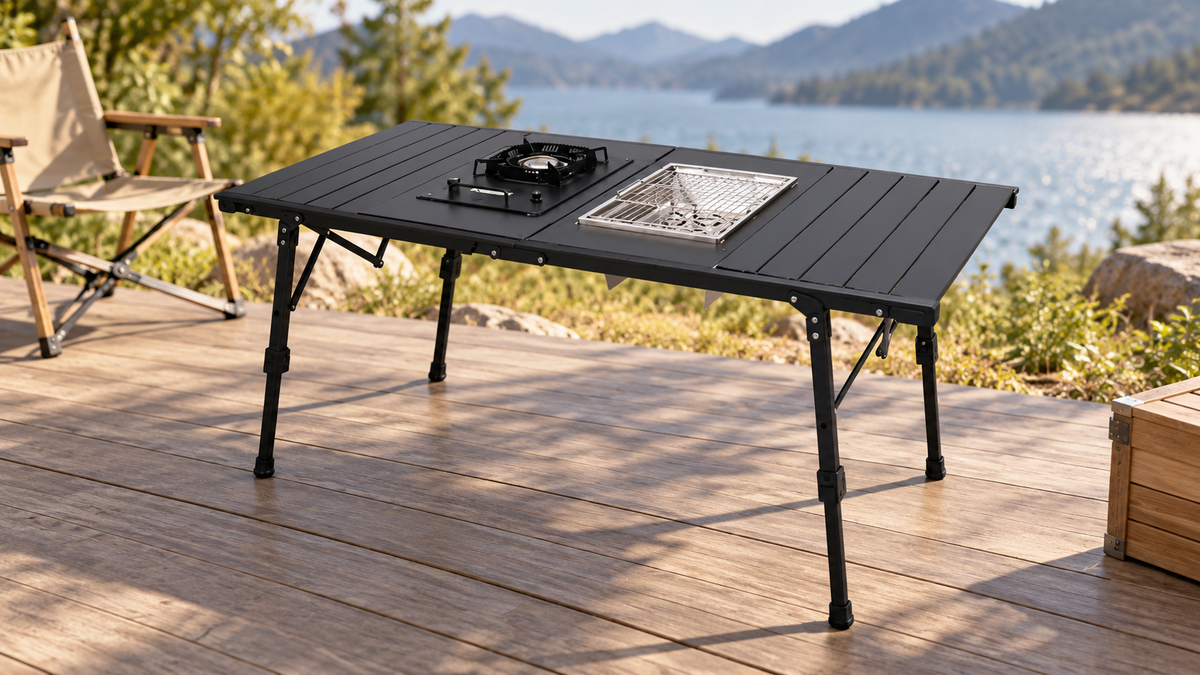 GREY Studio lifestyle | Porodo Lifestyle All-In-One Outdoor Folding Table with Stove & Grill - Black | PDLFSTHGFT28BK