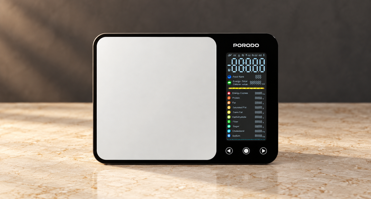 GREY Studio editorial | Porodo Lifestyle Kalio Smart Food Kitchen Scale Measuring Tape with Nutritional Calculator - Silver | PDLFSTK86SL
