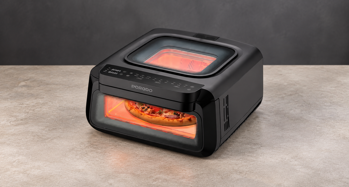 GREY Studio editorial | Porodo Lifestyle Crisp Cook 3-In-1 Air Fryer, Pizza, Oven - Black | PDLFSTLF30BK