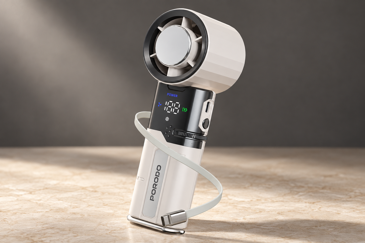 GREY Studio editorial | Porodo Lifestyle Chillo Plus Rechargeable Ice Cooling Fan | PDLFSTMF120WH