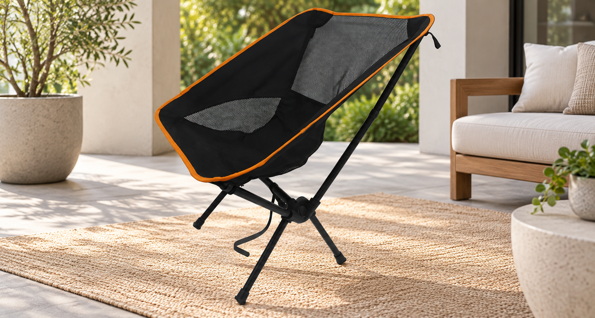 GREY Studio lifestyle | Porodo Lifestyle Mesh Fabric Comfort Camping Chair with Handy Storage Pouch - Black | PDLFSTMG01PBK
