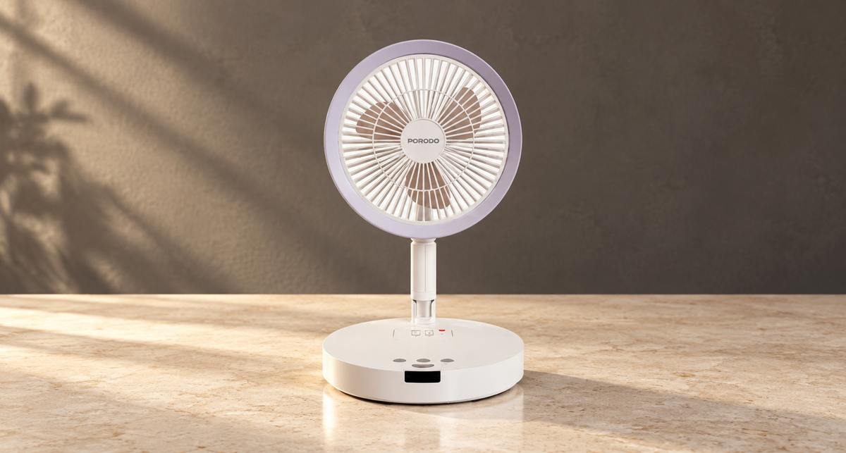 GREY Studio editorial | Porodo Lifestyle Chillo Foldable Cooling Fan with Remote Control | PDLFSTMT807WH