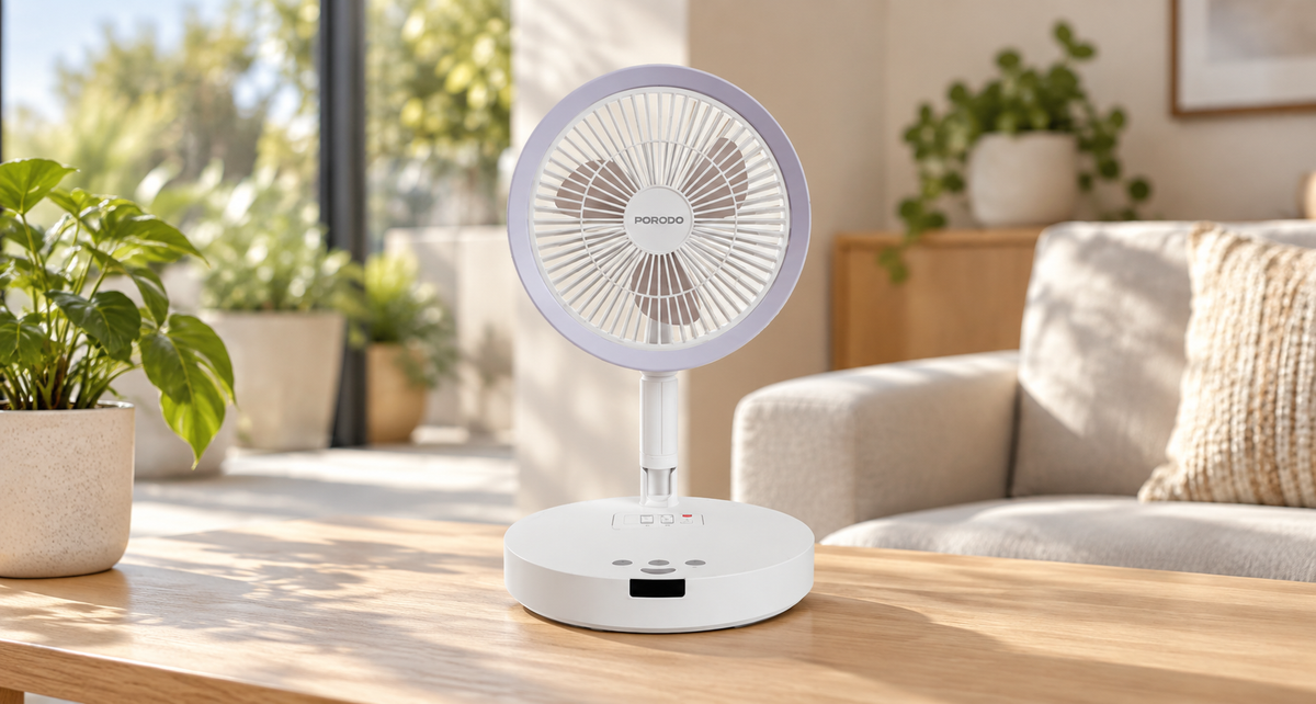 GREY Studio lifestyle | Porodo Lifestyle Chillo Foldable Cooling Fan with Remote Control | PDLFSTMT807WH