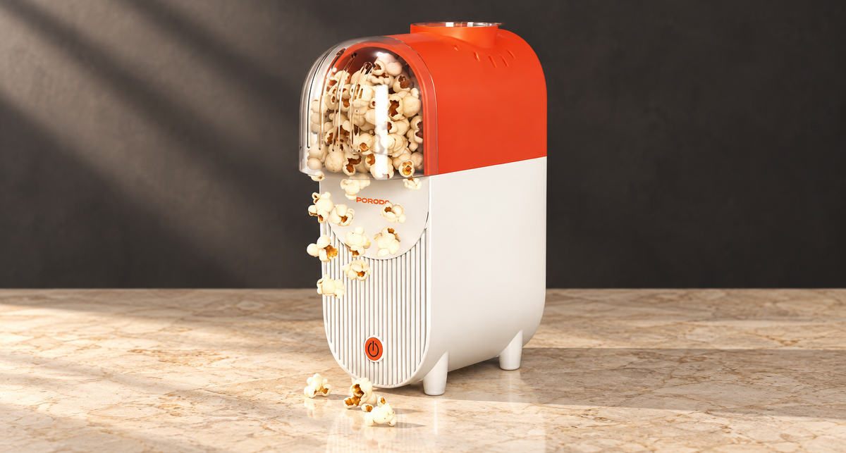 GREY Studio editorial | Porodo Lifestyle Popper Hot Air Popcorn Maker with Measuring Cup - White & Orange | PDLFSTN005WHOG