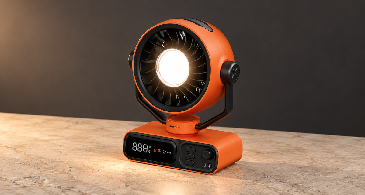 GREY Studio editorial | Porodo Lifestyle Chillo Camper Desktop Outdoor Fan with Smart Display & Easy Control - Black | PDLFSTSM115BK