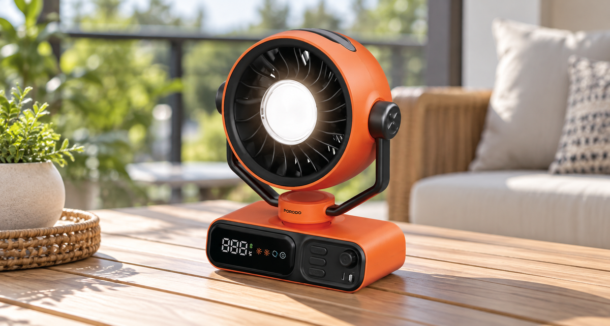 GREY Studio lifestyle | Porodo Lifestyle Chillo Camper Desktop Outdoor Fan with Smart Display & Easy Control - Black | PDLFSTSM115BK
