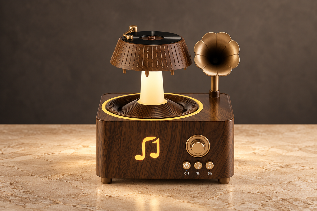 GREY Studio editorial | Porodo Lifestyle Concord Vintage Aroma Diffuser & Speaker with Colorful Lighting - Brown | PDLFSTV98BR