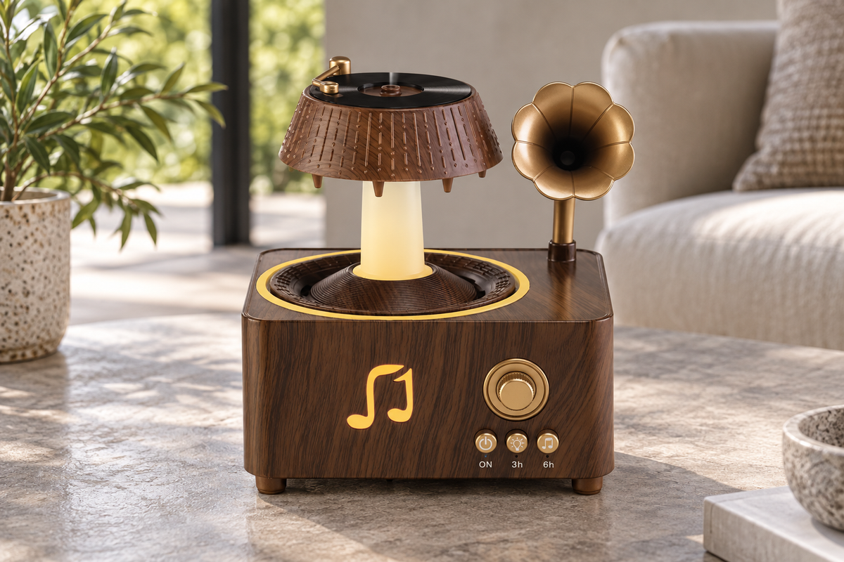 GREY Studio lifestyle | Porodo Lifestyle Concord Vintage Aroma Diffuser & Speaker with Colorful Lighting - Brown | PDLFSTV98BR