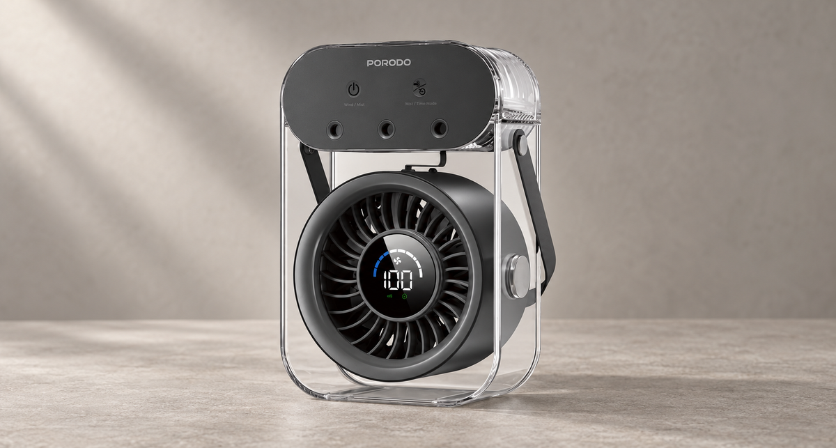 GREY Studio editorial | Porodo Lifestyle Chillo Aqua Portable Mist Fan with 500mL Large Water Tank - Black | PDLFSTZH26BK