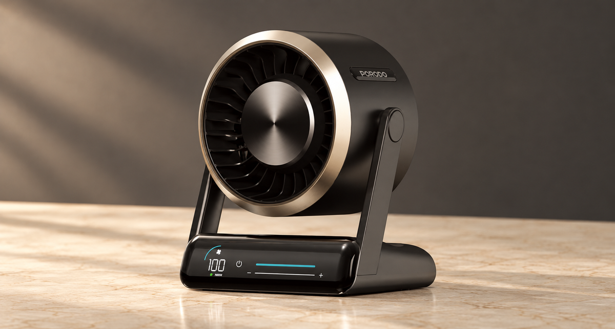 GREY Studio editorial | Porodo Lifestyle Chillo Core Desktop Fan with LED Display - Black | PDLFSTZH37BK