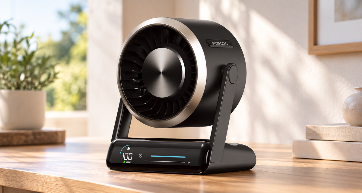 GREY Studio lifestyle | Porodo Lifestyle Chillo Core Desktop Fan with LED Display - Black | PDLFSTZH37BK
