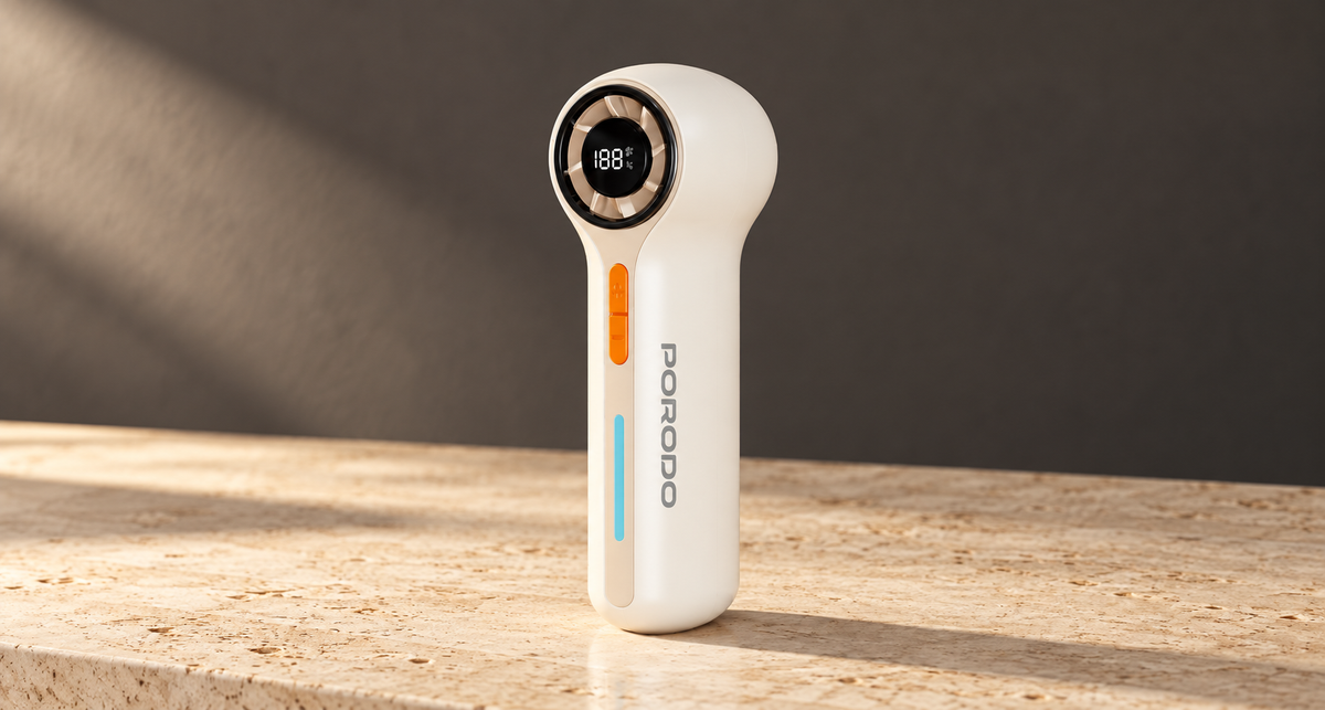 GREY Studio editorial | Porodo Lifestyle Chillo Breeze Pocket Turbo Fan with 100 Adjustable Speed Levels - Beige | PDLFSTZH38BG