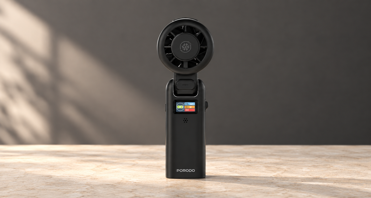GREY Studio editorial | Porodo Lifestyle Chillo Bot AI Smart Voice Control Fan with mist Cooling Function - Black | PDLIG218BK