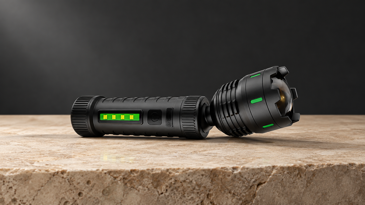 GREY Studio editorial | Porodo Lifestyle Orbit Multi-Color Laser Torch with Power Bank Function - Black | PDLSTL2220