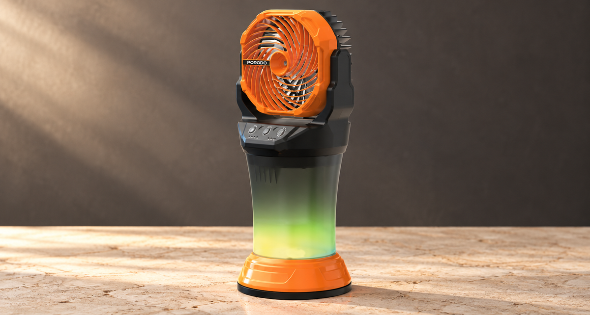 GREY Studio editorial | Porodo FreshPulse Portable Misting Fan - Orange & Black | PDMDX65OGBK