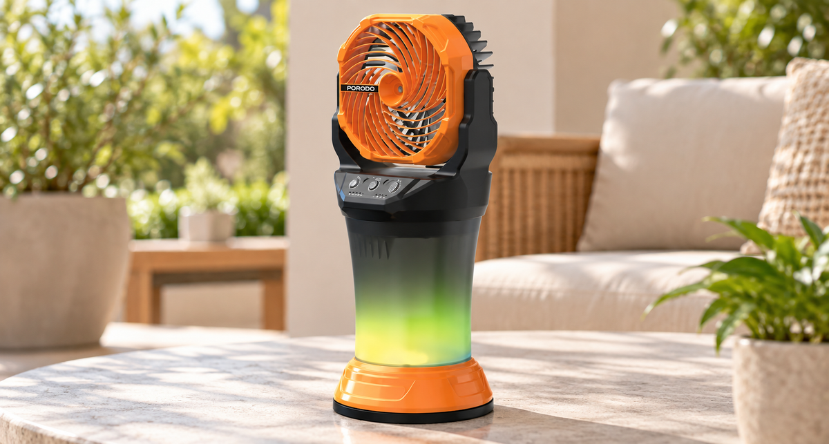 GREY Studio lifestyle | Porodo FreshPulse Portable Misting Fan - Orange & Black | PDMDX65OGBK