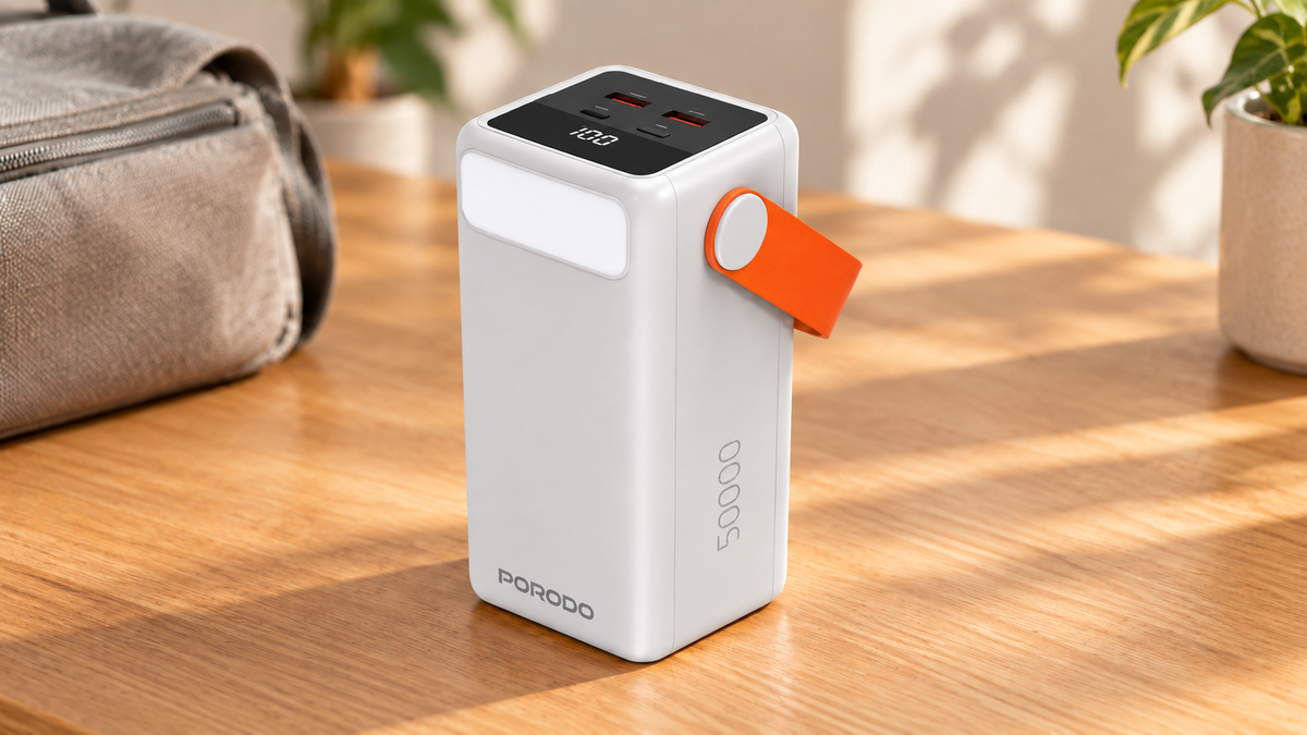 GREY Studio lifestyle | Porodo PortaPower 50000mAh Power Bank with Built-In LED Lighting - White | PDPBXRT50WH