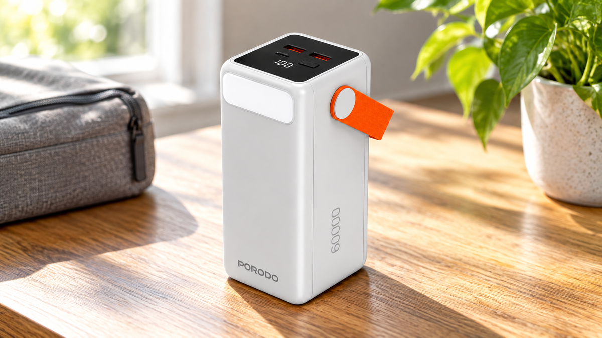 GREY Studio lifestyle | Porodo PortaPower 60000mAh Power Bank with Built-In LED Lighting - White | PDPBXRT60WH