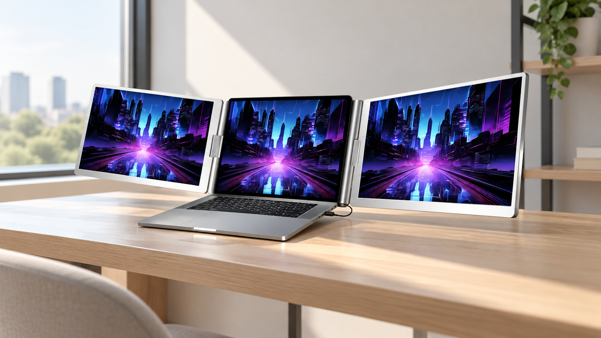 GREY Studio lifestyle | Powerology Dual Screen Portable Monitor - Silver | PDSLM14