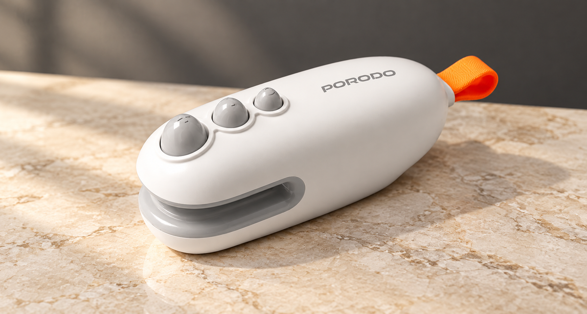 GREY Studio editorial | Porodo Lifestyle 2-In-1 Magnetic Mini Sealer & Cutter With Rechargeable Battery - White | PDWS105WH