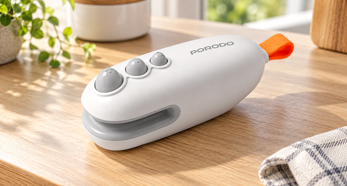 GREY Studio lifestyle | Porodo Lifestyle 2-In-1 Magnetic Mini Sealer & Cutter With Rechargeable Battery - White | PDWS105WH