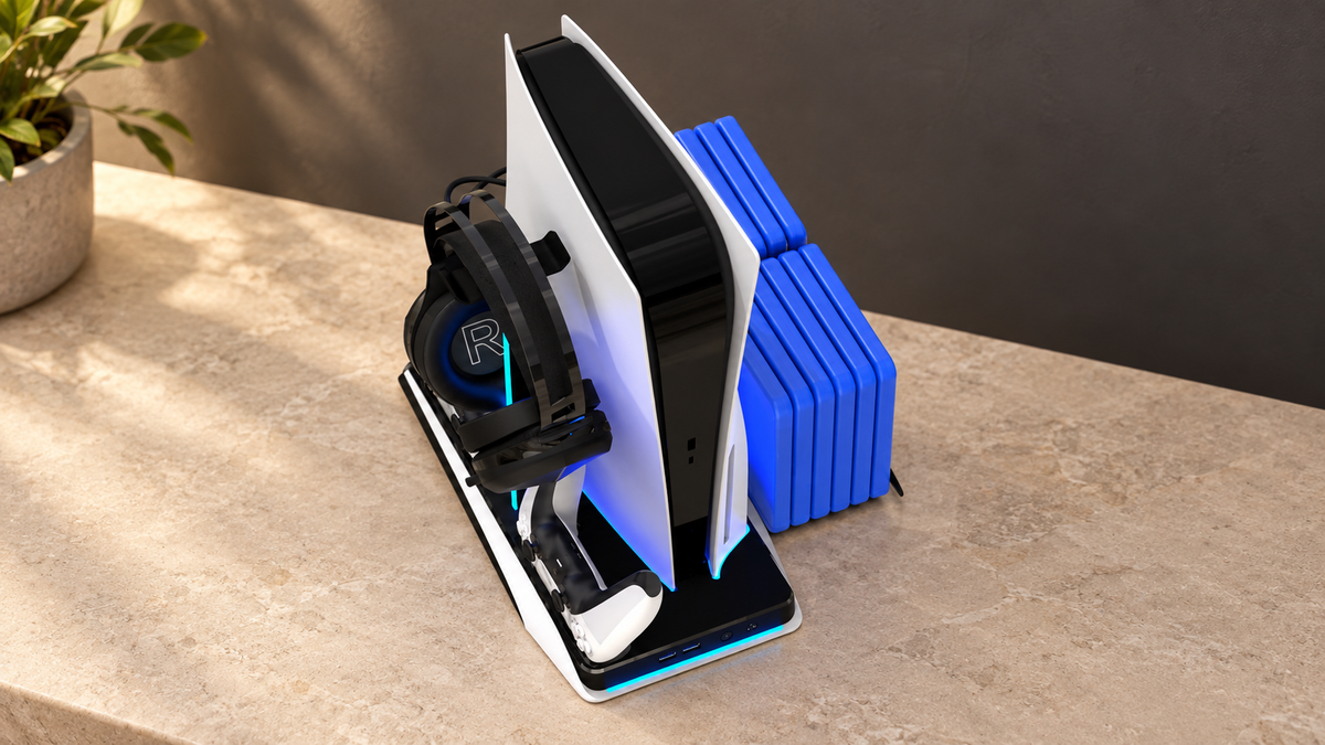 GREY Studio editorial | Porodo Gaming Multi-Function PS5 and Headphone Cooling and Charging Hub - Black/White | PDX116