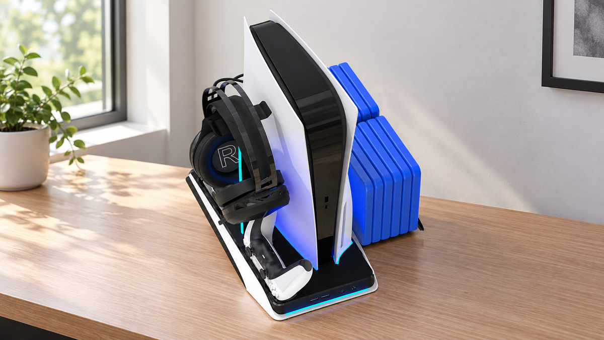 GREY Studio lifestyle | Porodo Gaming Multi-Function PS5 and Headphone Cooling and Charging Hub - Black/White | PDX116