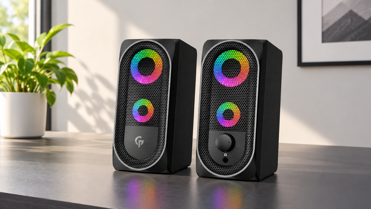 GREY Studio lifestyle | Porodo Stereo Gaming Speakers With Lighting Touch Sensor | PDX511-BK