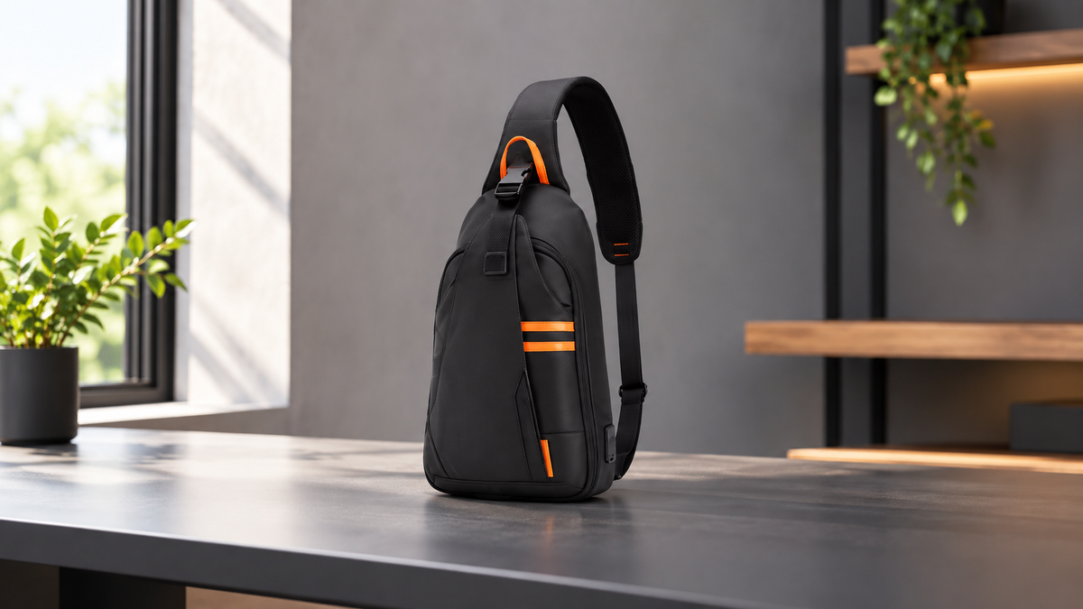 GREY Studio lifestyle | Porodo Gaming Water-Resistant PU Sling Bag With USB-C Port - Black | PDX532