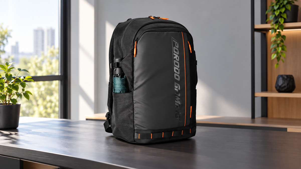 GREY Studio lifestyle | Porodo Gaming PU Laptop Backpack With USB-C Port and PS5 Compartment - Black | PDX534