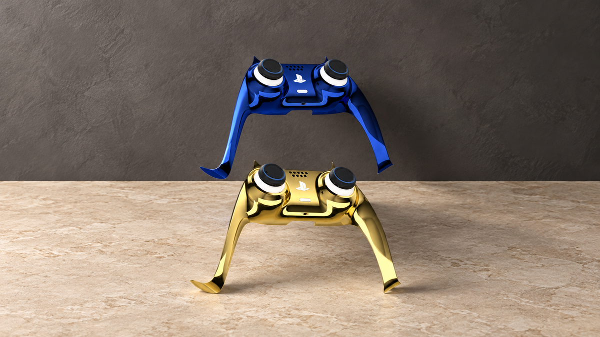 GREY Studio editorial | Porodo Gaming PS5 Controller Decorative Panel combo - Blue + Gold | PDX617-BG