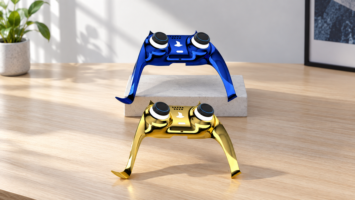 GREY Studio lifestyle | Porodo Gaming PS5 Controller Decorative Panel combo - Blue + Gold | PDX617-BG