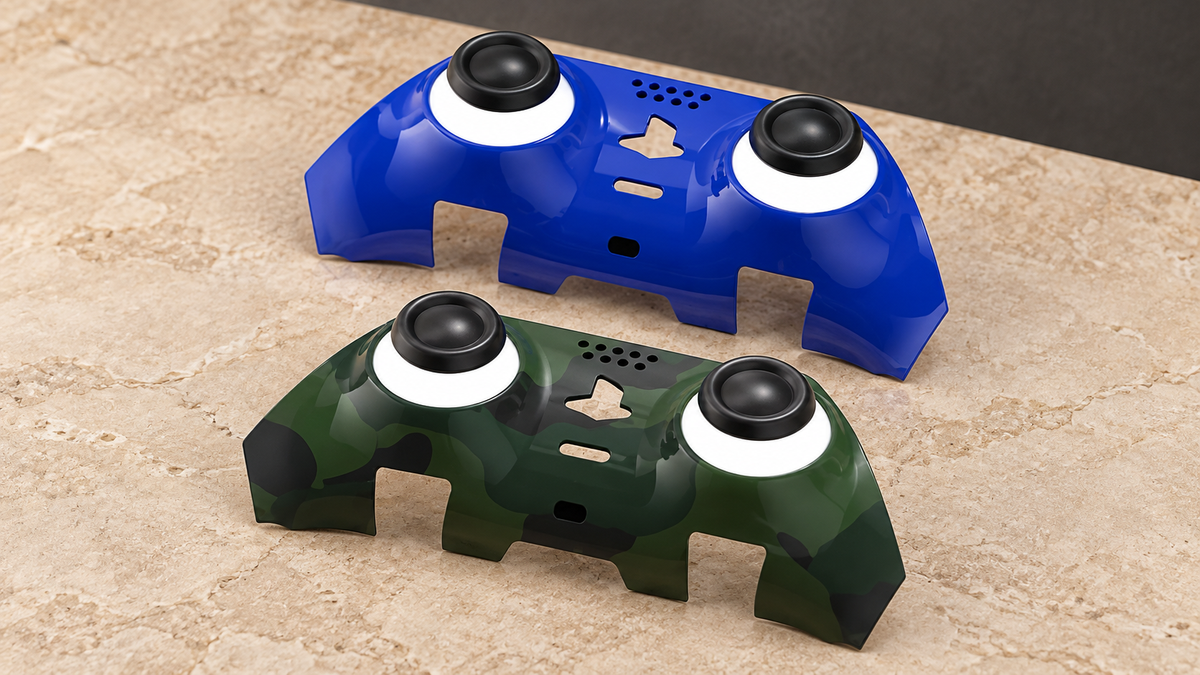 GREY Studio editorial | Porodo Gaming PS5 Edge Controller Decorative Panel combo - Blue + Camo | PDX618-BC