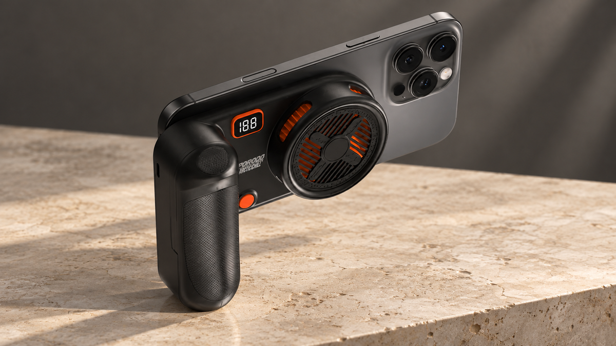 GREY Studio editorial | Porodo Gaming Arcticchill Magnetic Phone Cooler With Ultra-Quiet Fan - Black/Orange | PDXMPCBKOG