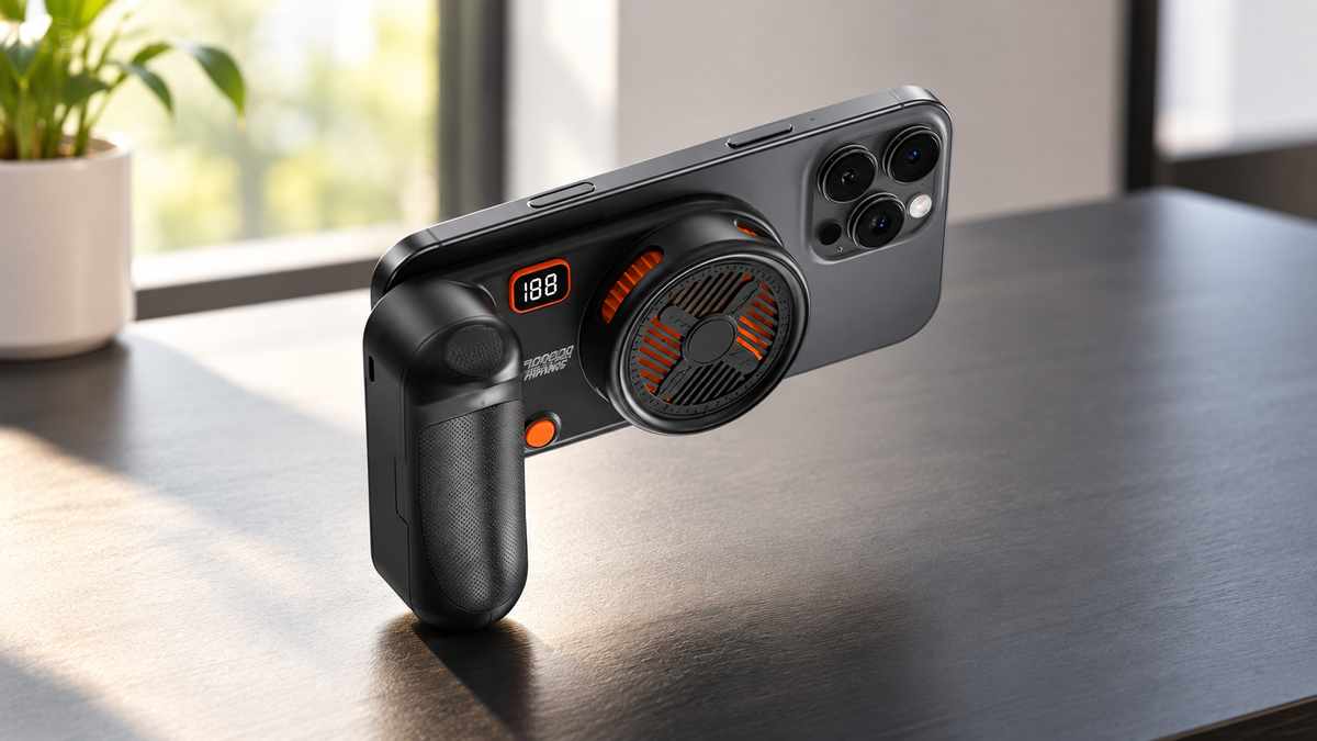 GREY Studio lifestyle | Porodo Gaming Arcticchill Magnetic Phone Cooler With Ultra-Quiet Fan - Black/Orange | PDXMPCBKOG