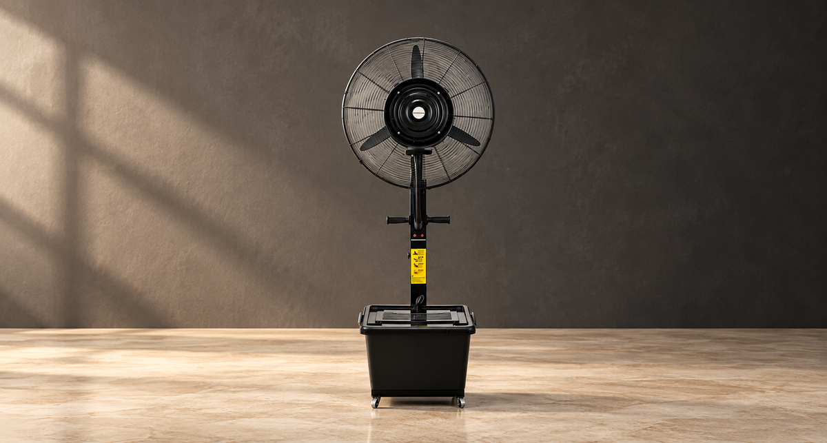 GREY Studio editorial | Powerology Industrial Fan Mist Spray & Humidifier - Black | PMFAN230W