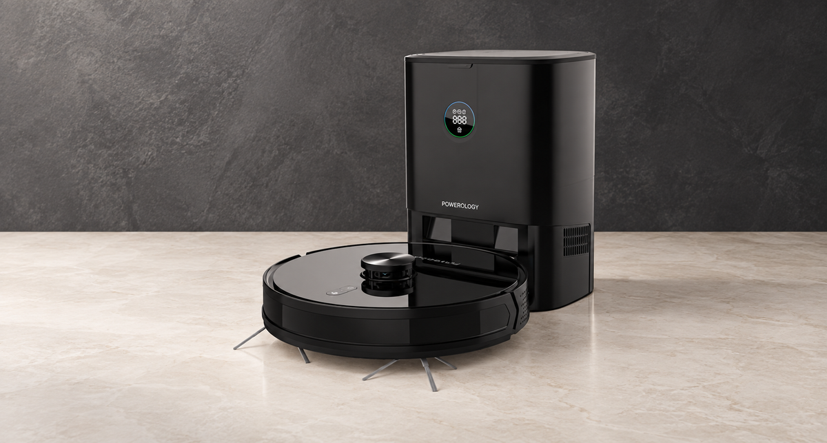GREY Studio editorial | Powerology Smart Station Robot Vacuum & Mop - Black | PPBCHA59